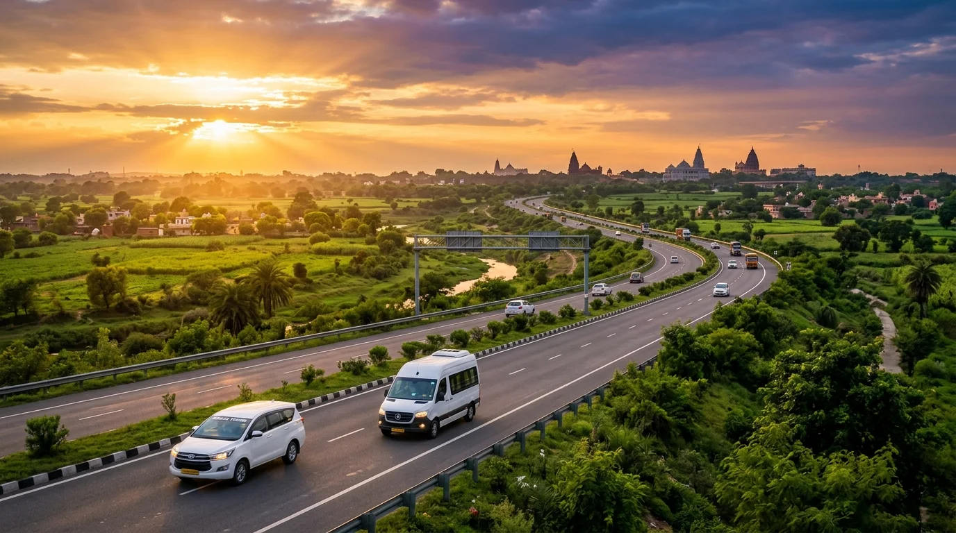The road through Braj, one of the routes a taxi from the Vrindavan office can take.